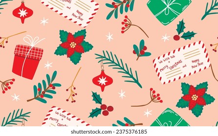 Winter holidays seamless pattern with envelope.Twigs with red berries, fir branch with decoration, poinsettia, holly and gift.Festive christmas background for printing on fabric and paper in vector.
