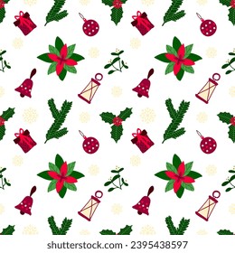 Winter Holidays seamless pattern with evergreen branches, holly and mistletoe, and other elements. Hand-drawn flat vector illustration set