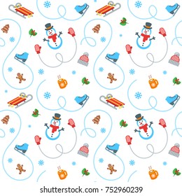 Winter holidays seamless pattern. Flat vector illustration. Simple objects scattered on white background. Cartoon style wrapping paper design. Kids activity in cold season. Colorful fabric print