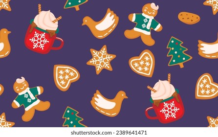 Vacaciones de invierno sin fisuras con chocolate caliente y galletas de pan de jengibre. Postres dulces en forma de corazón, estrella, paloma, árbol de navidad y hombre.