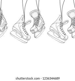 Winter holidays seamless pattern with ice skates cartoon sketch. Ice hockey skates. Hand drawn vector illustration isolated on white background