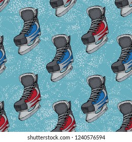 Winter holidays seamless pattern with ice skates cartoon sketch. Red and blue Ice hockey skates. Vector illustration with sports equipment on blue background