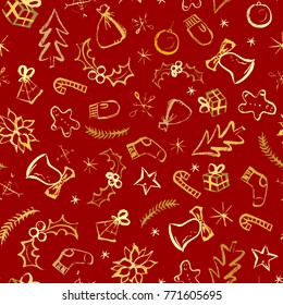 Winter holidays seamless pattern. Luxury repeatable background in red and golden. Hand drawn marker scribble elements. Traditional Christmas and New Year celebration attributes. Vector illustration.