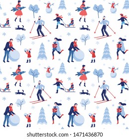 Winter holidays seamless pattern with people. Christmas eve leisure. Happy New year holiday.