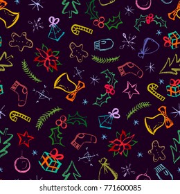 Winter holidays seamless pattern. Repeatable dark background. Colorful hand drawn marker scribble elements. Traditional Christmas and New Year celebration attributes. Vector illustration.