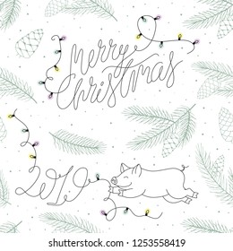 Winter Holidays Seamless Vector Pattern with Smiling Pig, Christmas Lights Spruce Branches Pine cones and Snowflakes on white background