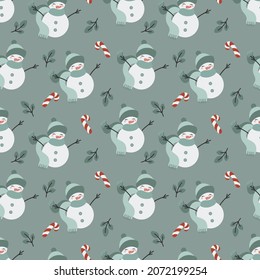 Winter holidays seamless vector pattern with cute snowman and candy cane. Christmas theme hand drawn background for kids room decor, card, print, fabric, wrapping paper, wallpaper, textile, packaging.