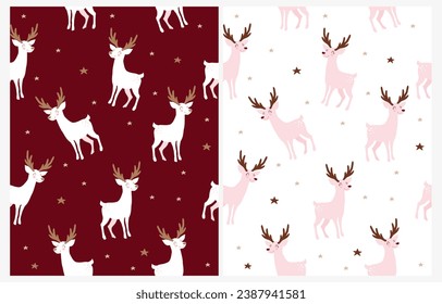 Winter Holidays Seamless Vector Pattern with Cute Happy Reindeer and Stars.Little Stag isolated on a White and Dark Red Background. Christmas Print ideal for Wrapping Paper.Lovely Cartoon of Deer.Rgb.