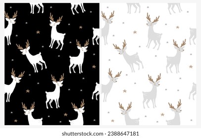 Winter Holidays Seamless Vector Pattern with Cute Happy Reindeer and Stars. Little Stag isolated on a White and Black Background. Christmas Print ideal for Wrapping Paper. Lovely Cartoon of Deer. Rgb.