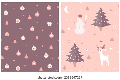Winter Holidays Seamless Vector Pattern with Cute Happy Reindeers, Christmas Trees, Snowman and Stars.Hand Drawn Little Stags isolated on a Pink and Red-Brown Background. Christmas Print. Rgb.