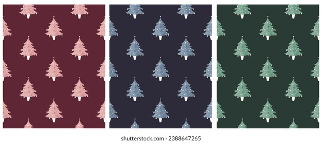 Winter Holidays Seamless Vector Pattern with Cute Christmas Trees, Baubles and Stars isolated on a Burgundy Red, Deep Green and Dark Blue Background.Christmas Repeatable Print. Winter Forest. Rgb.