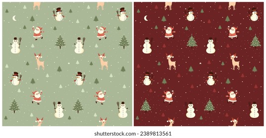 Winter Holidays Seamless Vector Pattern with Cute Happy Reindeers, Christmas Trees, Snowman and Santa Claus isolated on a Green and Dark Red Background. Hand Drawn Repeatable Christmas Print. Rgb.