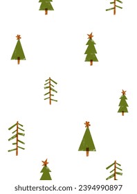Winter Holidays Seamless Vector Pattern with Green Christmas Trees and Gold Stars isolated on a White Background. Infantile Style Christmas Repeatable Print. Winter Forest Repeatable Print. Rgb.