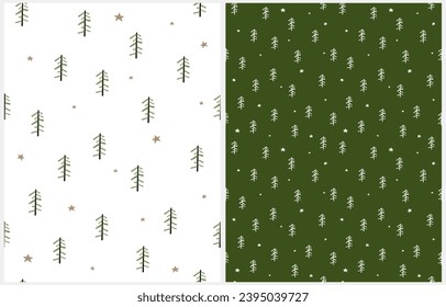 Winter Holidays Seamless Vector Pattern with Green Christmas Trees Among Stars isolated on a White and Green Background. Infantile Style Christmas Repeatable Print.Winter Forest Repeatable Print. Rgb.