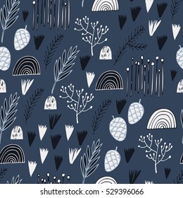 Winter Holidays seamless vector pattern. Nature elements and abstract shapes for party design.
