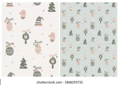 Winter Holidays Seamless Vector Patterns Set. Cute Hand Drawn Christmas Repeatable Print with Tree, Gloves, Bauble and Woolen Cap Isolated on a Beige and Light Pale Green Background. 