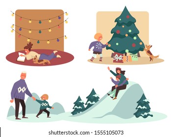 Winter holidays season activity. Boy find present under Christmas tree. Mother with son sliding together down slope. Father and kid walk in snowy park. Girl read book at home. Vector illustrations.