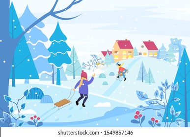 Winter holidays season, landscape with child pulling sleigh. Cityscape with buildings and homes of citizens. Countryside in cold month. Kid with sled waving to person in distance. Vector in flat