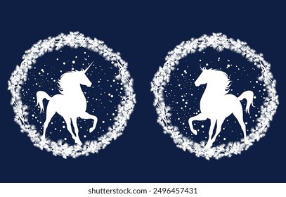 winter holidays seasonal frame made of pine tree branches with fairy tale unicorn horse and falling snow - festive vector design set