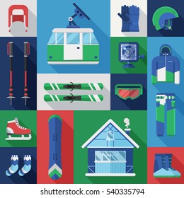 Winter holidays set. Mountain ski and snowboard equipment vector collection. Winter sports and activity icons with long shadow. Skating, skiing and snowboarding gear and essentials.