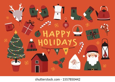 Winter holidays set with santa, reindeer, christmas tree, presents, warm socks. Merry Christmas and happy new year cute elements set. Vector winter holidays set