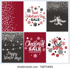 Winter holidays set of six posters for Christmas sales, Valentine's Day and festive wishes. Vector illustration of winter theme with snowflakes and bells