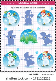 Winter or winter holidays shadow visual puzzle (suitable both for kids and adults): Try to find the shadow for each snowman. Answer included.