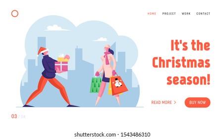 Winter Holidays Shopping Website Landing Page. Happy People Carry Gift Box and Paper Bags with Presents Hurry for Christmas Celebration with Family Web Page Banner. Cartoon Flat Vector Illustration