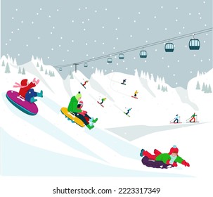 Winter holidays at the ski resort.  Active sports, skiing, snowboarding, inflatable sledding. Vector illustration.