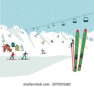 Winter holidays in a ski resort with an elevator and cottages. Active sports, skiing, snowboarding. Vector illustration.