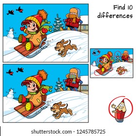 Winter holidays. Sledding little girl, skiing boy, dog and snowman. Find 10 differences. Educational game for children. Cartoon vector illustration