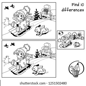 Winter holidays. Sledding little girl, skiing boy, dog and snowman. Find 10 differences. Educational game for children. Black and white cartoon vector illustration