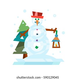 Winter holidays snowman cheerful character in cold season costume and snow xmas celebration greeting december joy ice icon vector illustration.