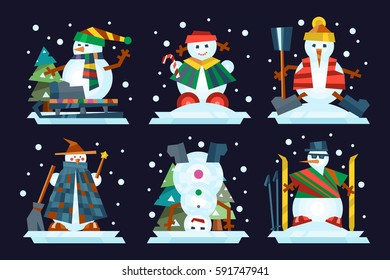 Winter holidays snowman cheerful character in cold season costume and snow xmas celebration greeting december joy ice icon vector illustration.