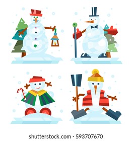 Winter holidays snowman cheerful character in cold season costume and snow xmas celebration greeting december joy ice icon vector illustration.