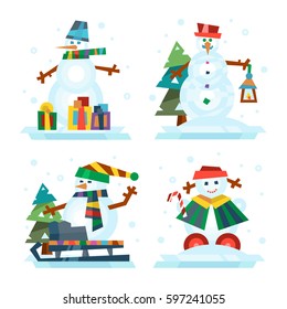 Winter holidays snowman cheerful character in cold season costume and snow xmas celebration greeting december joy ice icon vector illustration.