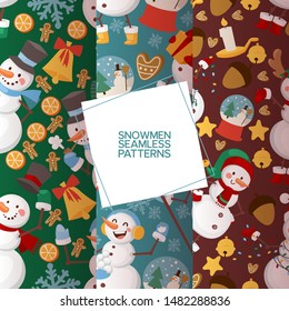 Winter holidays snowman set of seamless patterns vector illustration. Cheerful snowmen in different costumes and outfits. Cold season activities. Character wearing hat, mittens, boots.