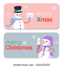 Winter holidays snowman vector illustration. Cheerful snowmen in different costumes. Snowmen in earphones, with birds, snow man with cake and gifts in circle with merry christmas quote.
