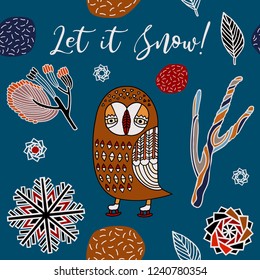 Winter holidays, snowy forest. Print design.