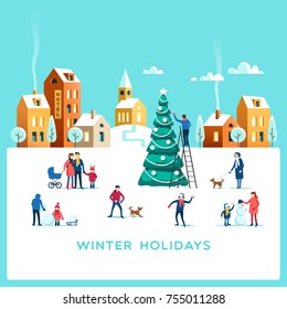 Winter holidays. Snowy street. Urban landscape with people. Vector illustration.