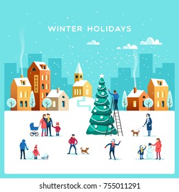 Winter holidays. Snowy street. Urban landscape with people. Vector illustration.