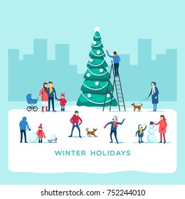 Winter holidays. Snowy street. Vector illustration.