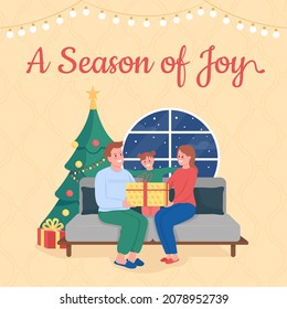 Winter holidays social media post mockup. Season of joy phrase. Web banner design template. Christmas with family booster, content layout with inscription. Poster, print ads and flat illustration