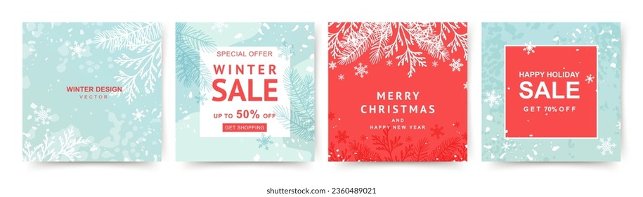 Winter holidays square banner templates with Christmas tree branches and snowflakes. Winter sale on social networks. Vector for greeting card, mobile app, design social media post, poster, flyer 