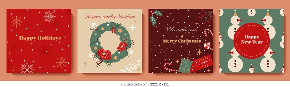 Winter holidays square card templates set. Christmas festive design for social media post, frame, postcard, banner, web advertising. Vector illustration