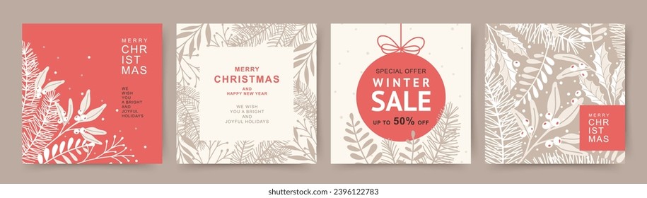 Winter holidays square template. Merry Christmas cards with fir branches, mistletoe, winter floral elements. Winter sale. Vector illustration for card, advertisement, banner, social media post, poster