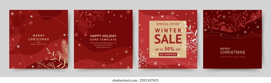 Winter holidays square template. Minimal backgrounds with Christmas tree branches and snowflakes. Winter sale. Vector illustration for greeting card, mobile app, social media post, poster, flyer