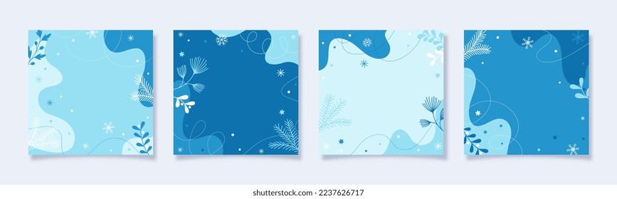 Winter holidays square templates. Christmas social media post with christmas tree, snowflakes and winter plants.Vector illustration for mobile apps, banner design and web ads, greeting cards, sale