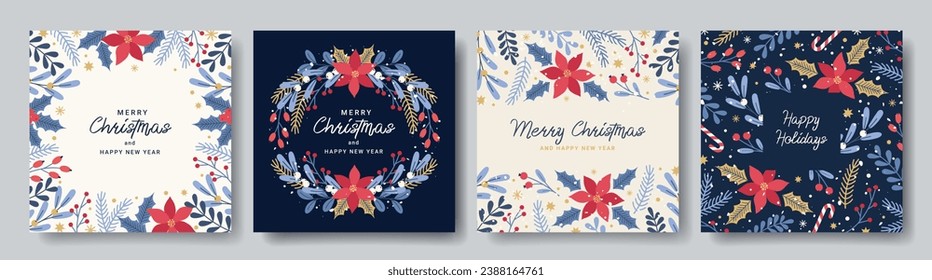 Winter holidays square templates with Christmas tree branches, poinsettia, berries, holly, wreath, snowflakes. Christmas floral frame. Vector illustration for social media post, banner, cover, poster