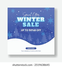 Winter holidays square templates. Christmas sale social media post banner, Christmas snowflake background.  Winter Special Offer Square flyer or poster Template for Social media and web internet ads